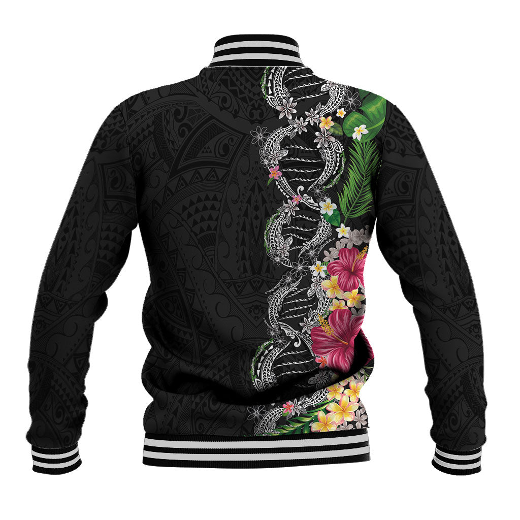 Hawaii DNA Kakau Tattoo Baseball Jacket with Plumeria and Hibiscus Tropical Plants Black Color