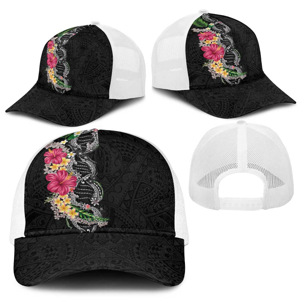 Hawaii DNA Kakau Tattoo Baseball Net Cap with Plumeria and Hibiscus Tropical Plants Black Color