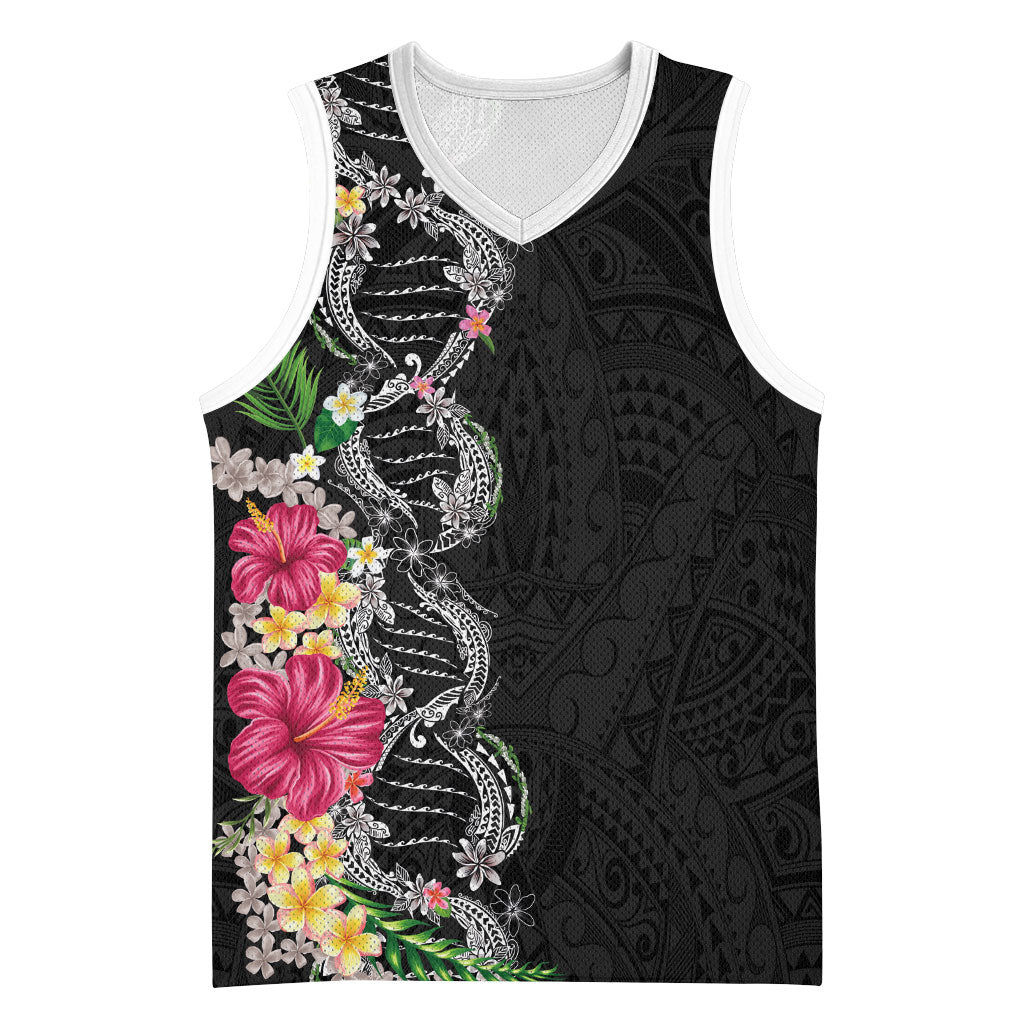 Hawaii DNA Kakau Tattoo Basketball Jersey with Plumeria and Hibiscus Tropical Plants Black Color