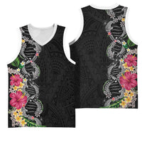 Hawaii DNA Kakau Tattoo Basketball Jersey with Plumeria and Hibiscus Tropical Plants Black Color