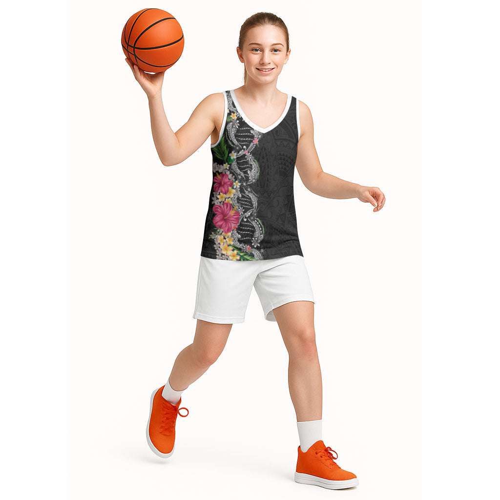 Hawaii DNA Kakau Tattoo Basketball Jersey with Plumeria and Hibiscus Tropical Plants Black Color