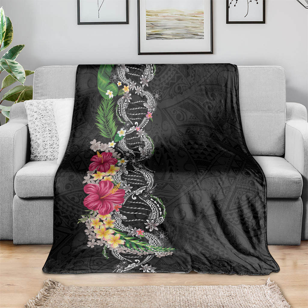 Hawaii DNA Kakau Tattoo Blanket with Plumeria and Hibiscus Tropical Plants Black Color