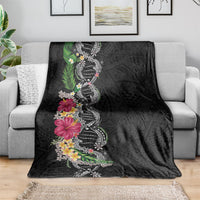 Hawaii DNA Kakau Tattoo Blanket with Plumeria and Hibiscus Tropical Plants Black Color