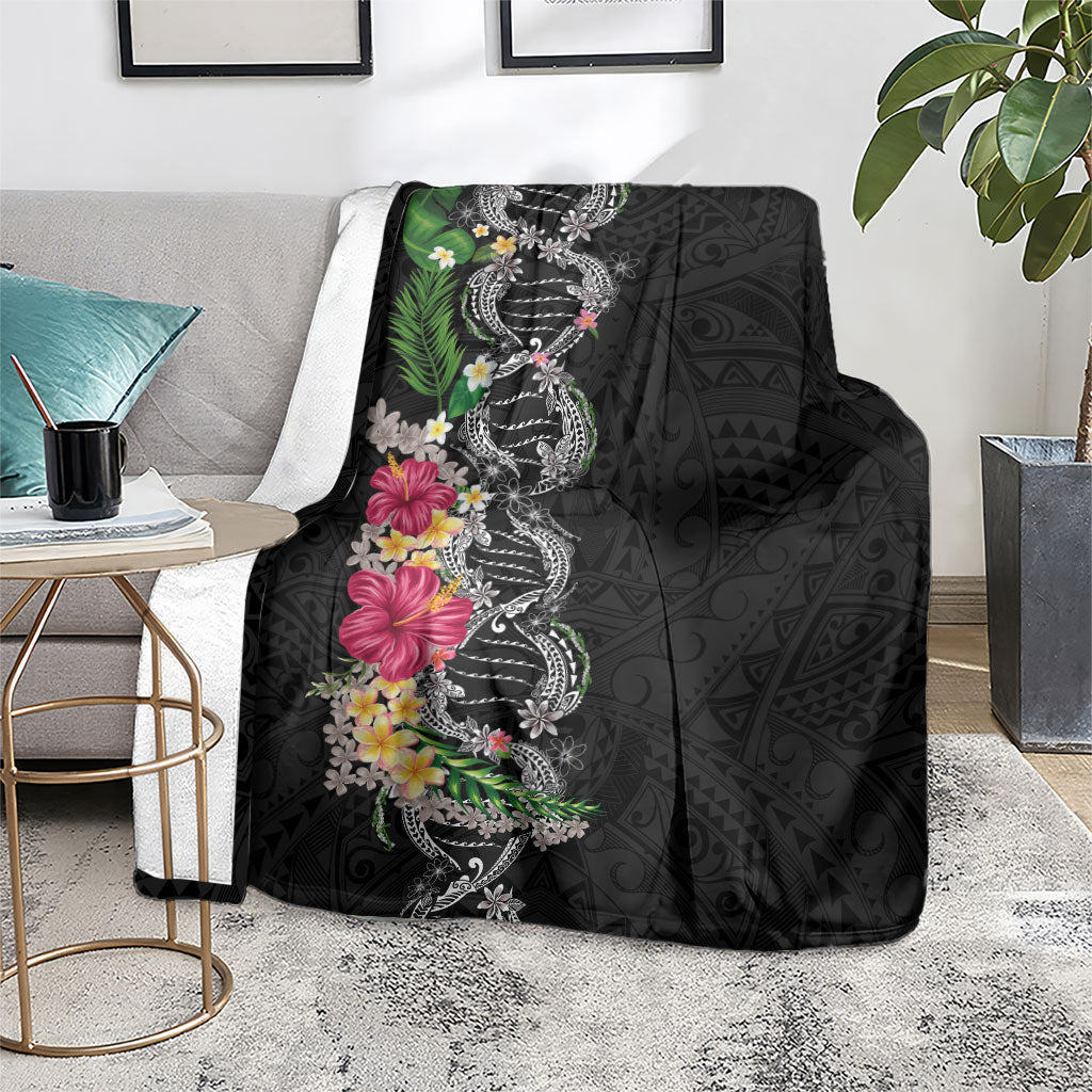 Hawaii DNA Kakau Tattoo Blanket with Plumeria and Hibiscus Tropical Plants Black Color