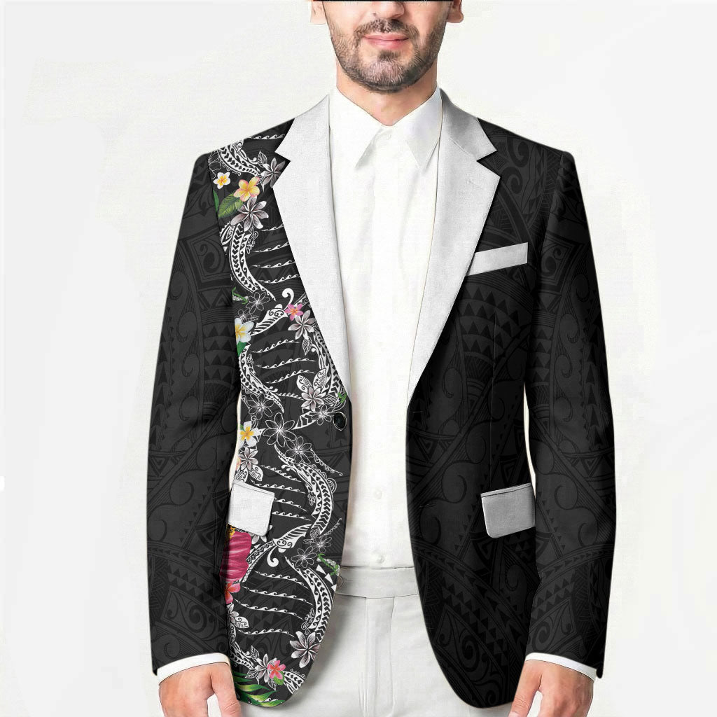 Hawaii DNA Kakau Tattoo Blazer with Plumeria and Hibiscus Tropical Plants Black Color
