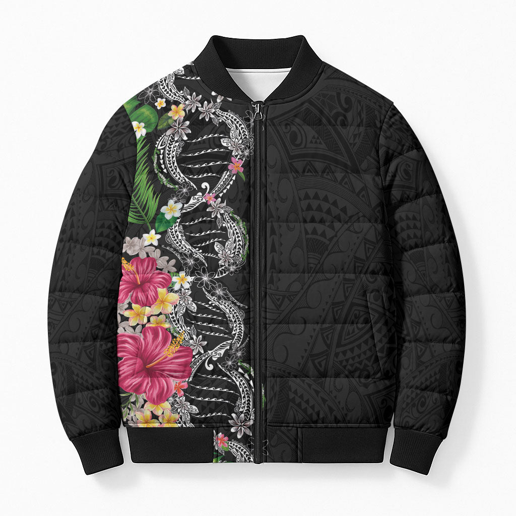 Hawaii DNA Kakau Tattoo Bomber Puffer Jacket with Plumeria and Hibiscus Tropical Plants Black Color