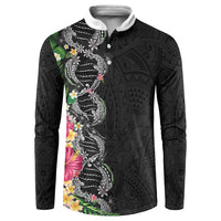 Hawaii DNA Kakau Tattoo Button Sweatshirt with Plumeria and Hibiscus Tropical Plants Black Color