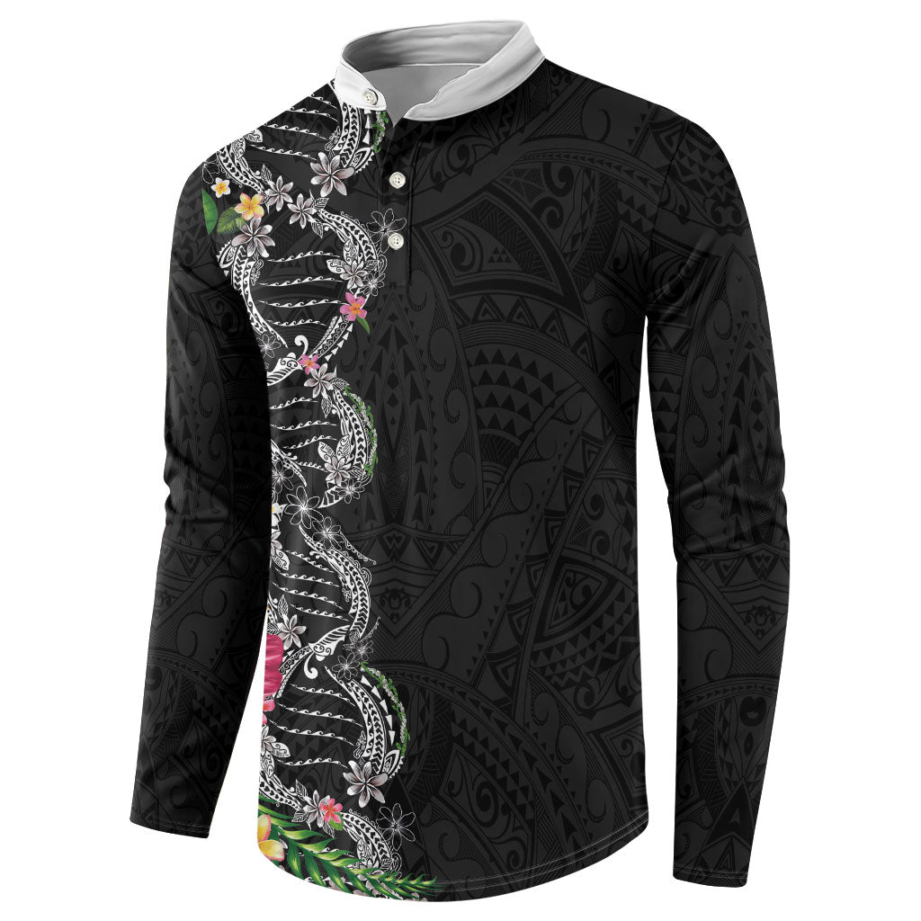 Hawaii DNA Kakau Tattoo Button Sweatshirt with Plumeria and Hibiscus Tropical Plants Black Color