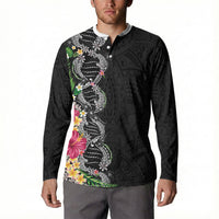 Hawaii DNA Kakau Tattoo Button Sweatshirt with Plumeria and Hibiscus Tropical Plants Black Color