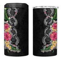 Hawaii DNA Kakau Tattoo 4 in 1 Can Cooler Tumbler with Plumeria and Hibiscus Tropical Plants Black Color