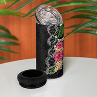 Hawaii DNA Kakau Tattoo 4 in 1 Can Cooler Tumbler with Plumeria and Hibiscus Tropical Plants Black Color