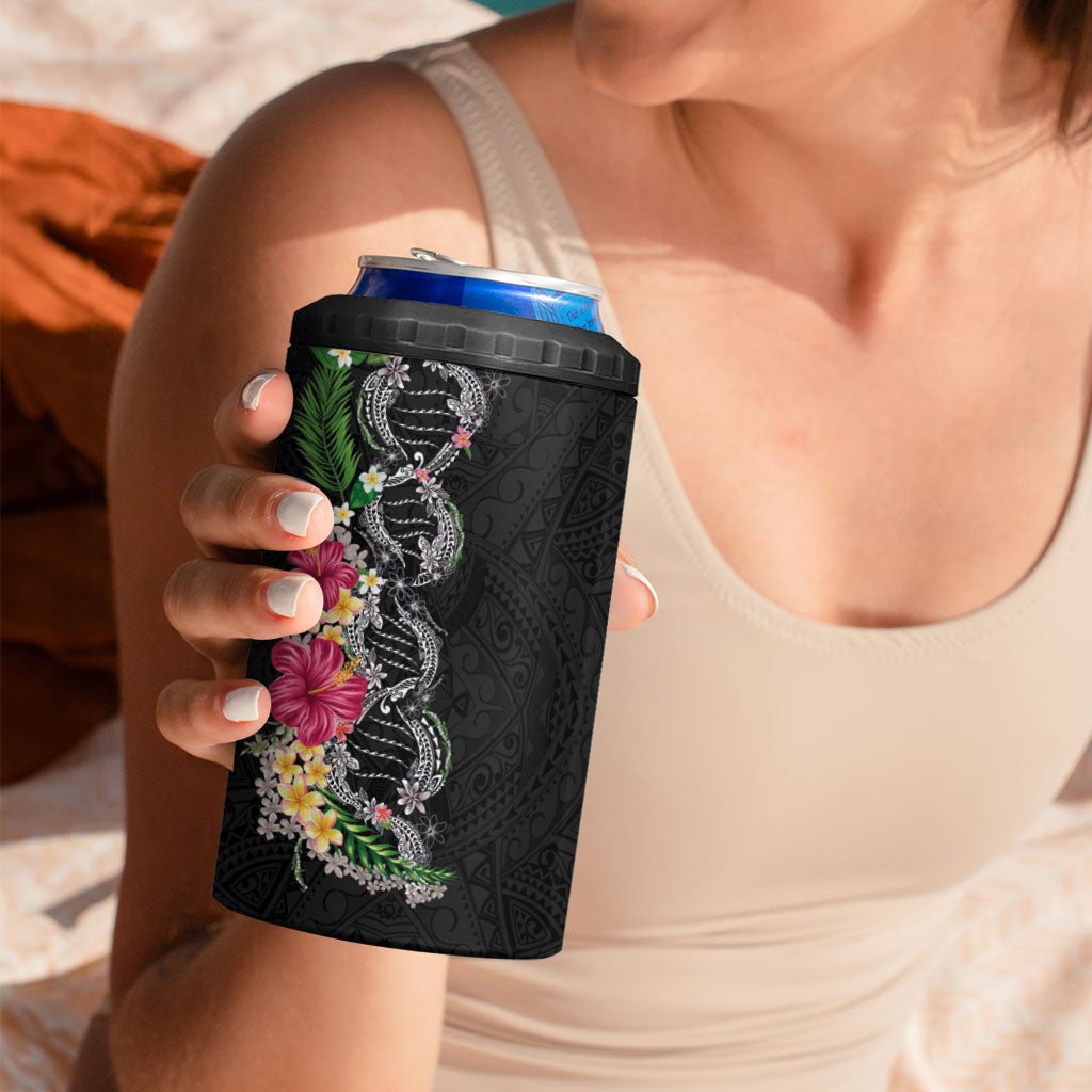 Hawaii DNA Kakau Tattoo 4 in 1 Can Cooler Tumbler with Plumeria and Hibiscus Tropical Plants Black Color