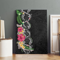 Hawaii DNA Kakau Tattoo Canvas Wall Art with Plumeria and Hibiscus Tropical Plants Black Color