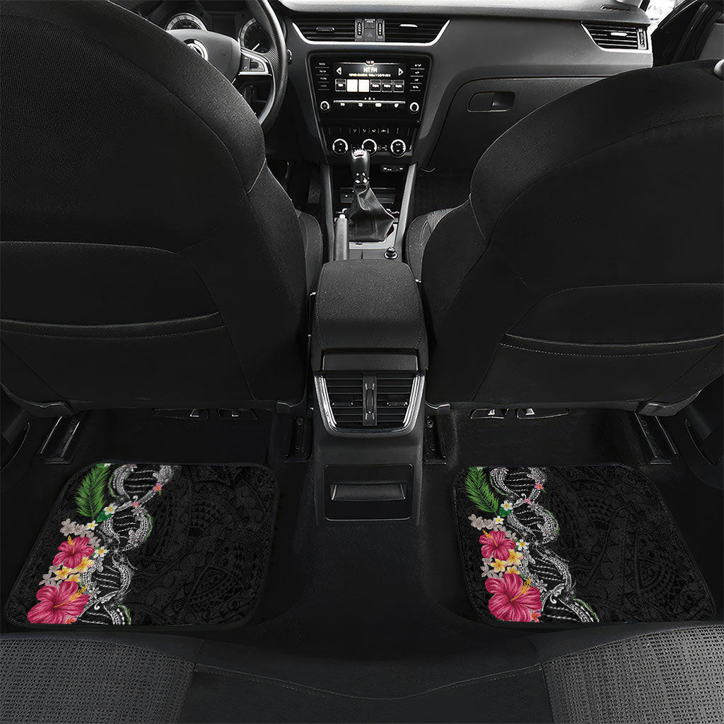 Hawaii DNA Kakau Tattoo Car Mats with Plumeria and Hibiscus Tropical Plants Black Color