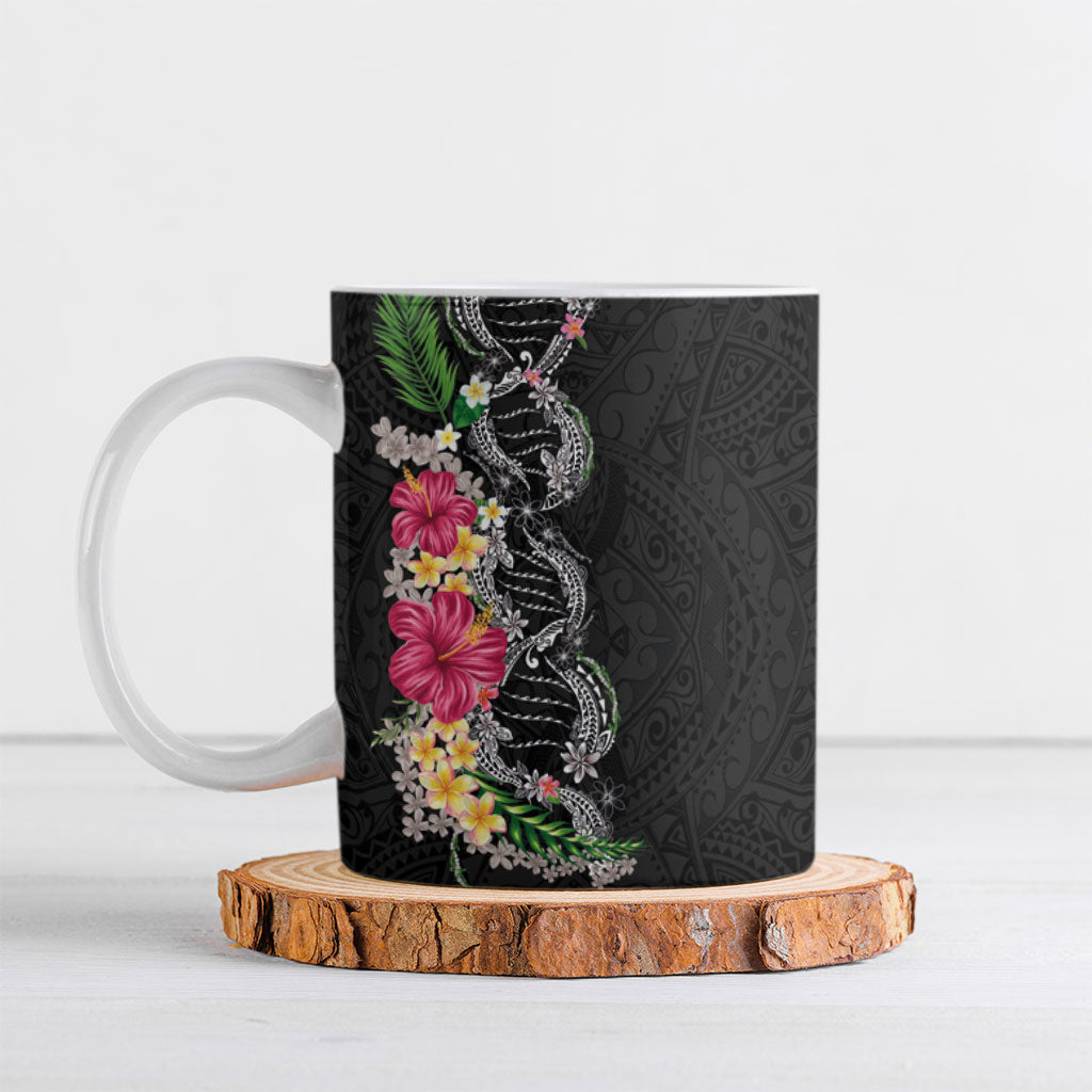 Hawaii DNA Kakau Tattoo Ceramic Mug with Plumeria and Hibiscus Tropical Plants Black Color