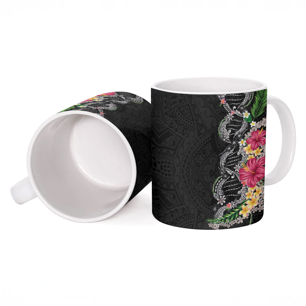 Hawaii DNA Kakau Tattoo Ceramic Mug with Plumeria and Hibiscus Tropical Plants Black Color