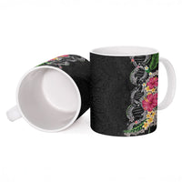 Hawaii DNA Kakau Tattoo Ceramic Mug with Plumeria and Hibiscus Tropical Plants Black Color