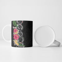 Hawaii DNA Kakau Tattoo Ceramic Mug with Plumeria and Hibiscus Tropical Plants Black Color