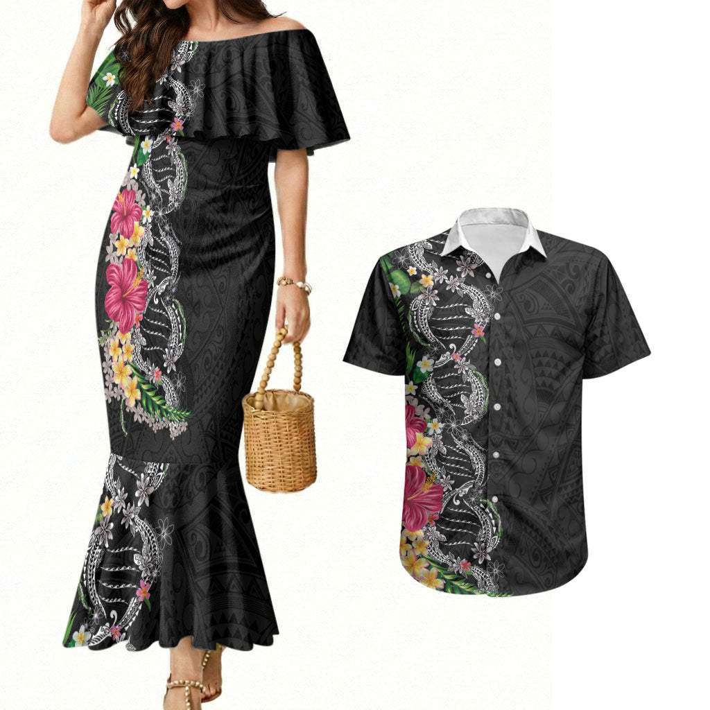 Hawaii DNA Kakau Tattoo Couples Matching Mermaid Dress and Hawaiian Shirt with Plumeria and Hibiscus Tropical Plants Black Color LT03 Black - Polynesian Pride