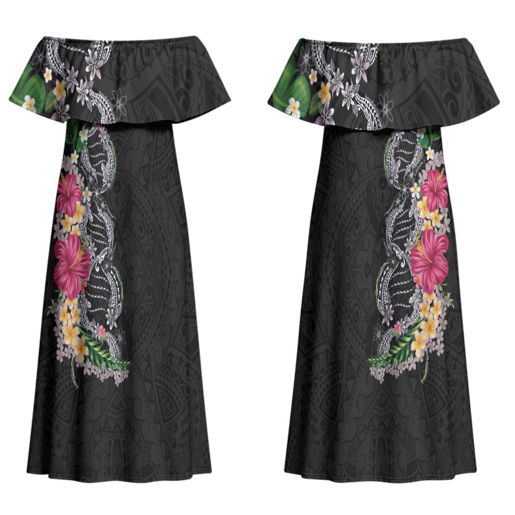 Hawaii DNA Kakau Tattoo Couples Matching Off Shoulder Maxi Dress and Hawaiian Shirt with Plumeria and Hibiscus Tropical Plants Black Color