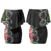 Hawaii DNA Kakau Tattoo Couples Matching Off Shoulder Short Dress and Long Sleeve Button Shirt with Plumeria and Hibiscus Tropical Plants Black Color