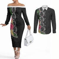 Hawaii DNA Kakau Tattoo Couples Matching Off The Shoulder Long Sleeve Dress and Long Sleeve Button Shirt with Plumeria and Hibiscus Tropical Plants Black Color