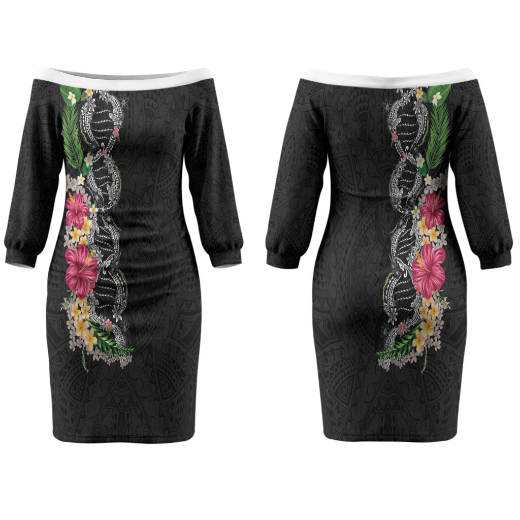 Hawaii DNA Kakau Tattoo Couples Matching Off The Shoulder Long Sleeve Dress and Long Sleeve Button Shirt with Plumeria and Hibiscus Tropical Plants Black Color