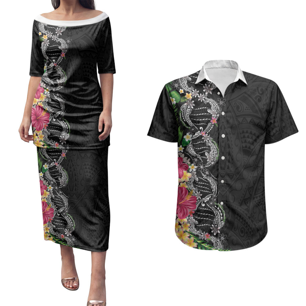 Hawaii DNA Kakau Tattoo Couples Matching Puletasi and Hawaiian Shirt with Plumeria and Hibiscus Tropical Plants Black Color LT03 Black - Polynesian Pride