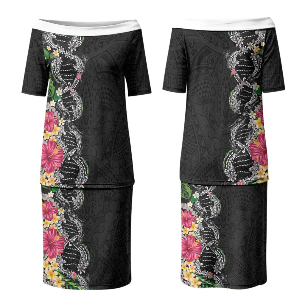 Hawaii DNA Kakau Tattoo Couples Matching Puletasi and Long Sleeve Button Shirt with Plumeria and Hibiscus Tropical Plants Black Color