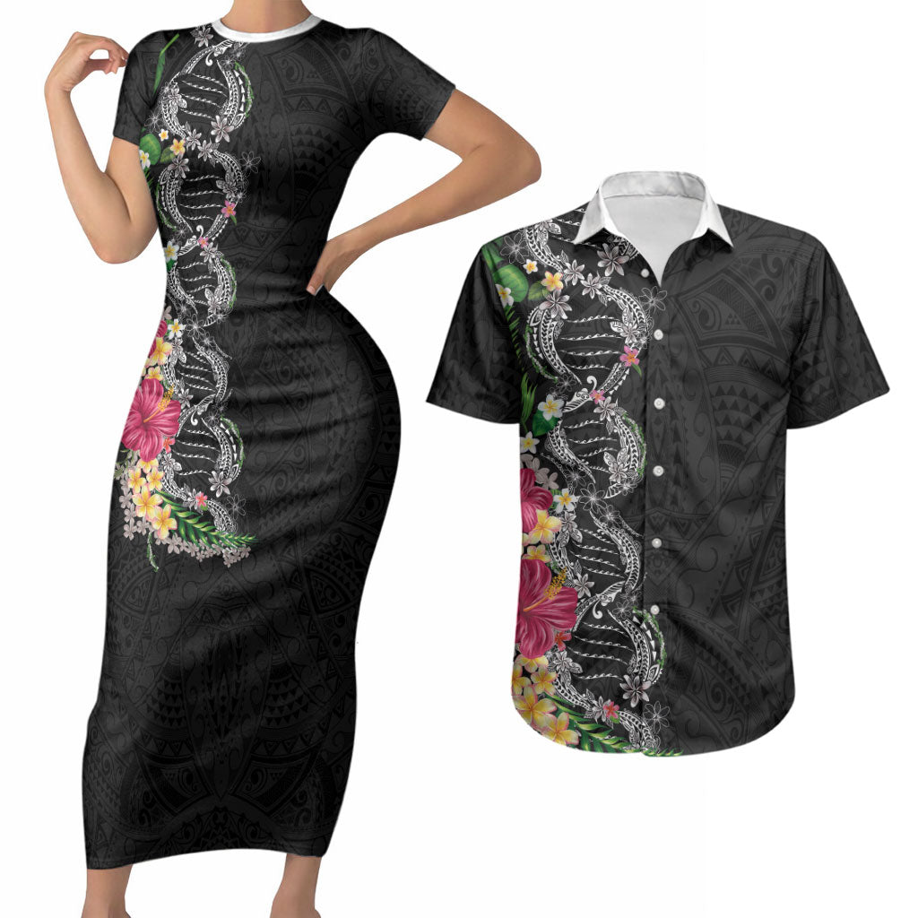 Hawaii DNA Kakau Tattoo Couples Matching Short Sleeve Bodycon Dress and Hawaiian Shirt with Plumeria and Hibiscus Tropical Plants Black Color LT03 Black - Polynesian Pride