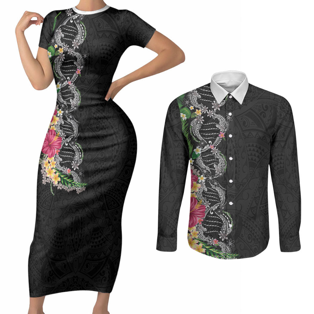 Hawaii DNA Kakau Tattoo Couples Matching Short Sleeve Bodycon Dress and Long Sleeve Button Shirt with Plumeria and Hibiscus Tropical Plants Black Color