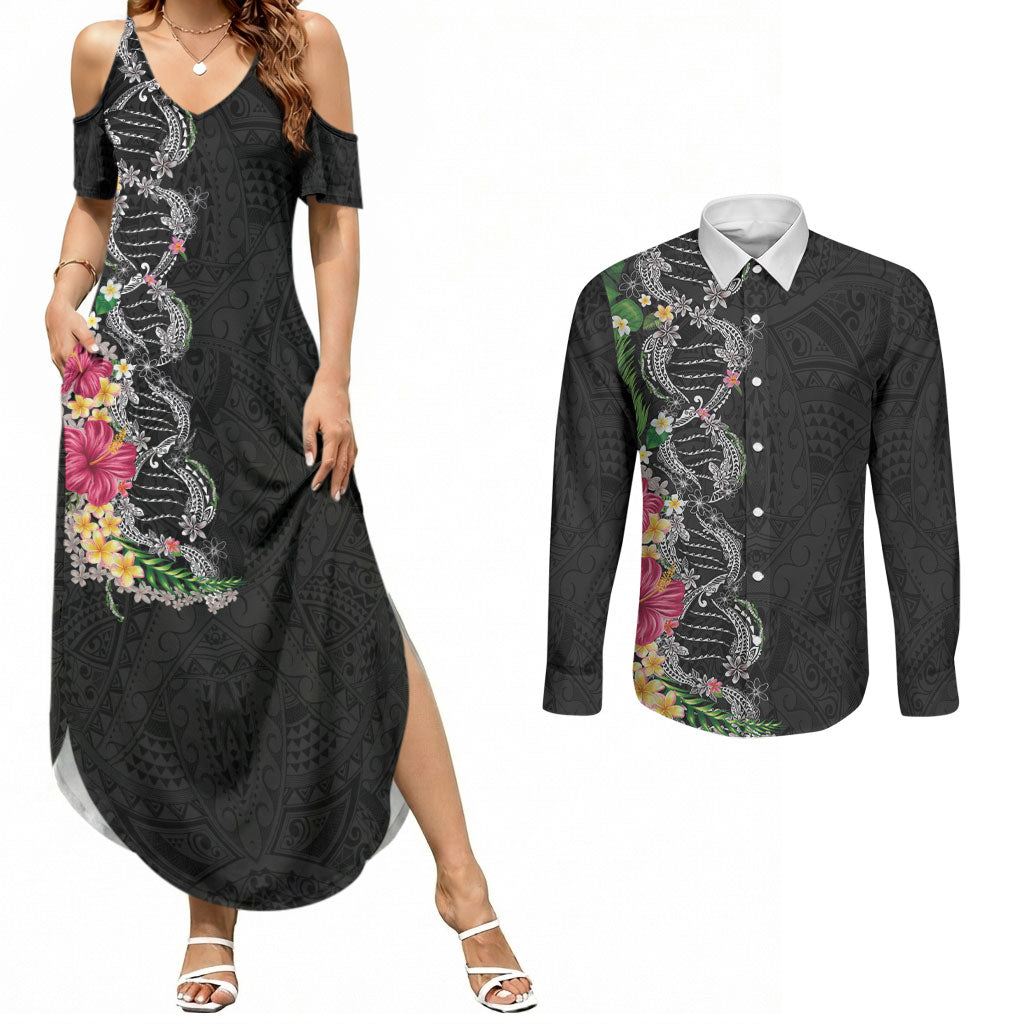 Hawaii DNA Kakau Tattoo Couples Matching Summer Maxi Dress and Long Sleeve Button Shirt with Plumeria and Hibiscus Tropical Plants Black Color
