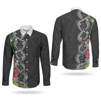 Hawaii DNA Kakau Tattoo Couples Matching Summer Maxi Dress and Long Sleeve Button Shirt with Plumeria and Hibiscus Tropical Plants Black Color