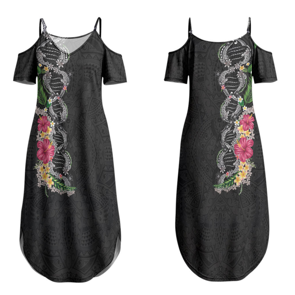 Hawaii DNA Kakau Tattoo Couples Matching Summer Maxi Dress and Long Sleeve Button Shirt with Plumeria and Hibiscus Tropical Plants Black Color