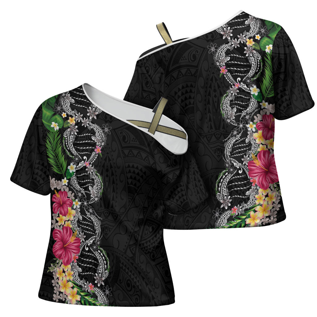 Hawaii DNA Kakau Tattoo Cross Shoulder Shirt with Plumeria and Hibiscus Tropical Plants Black Color
