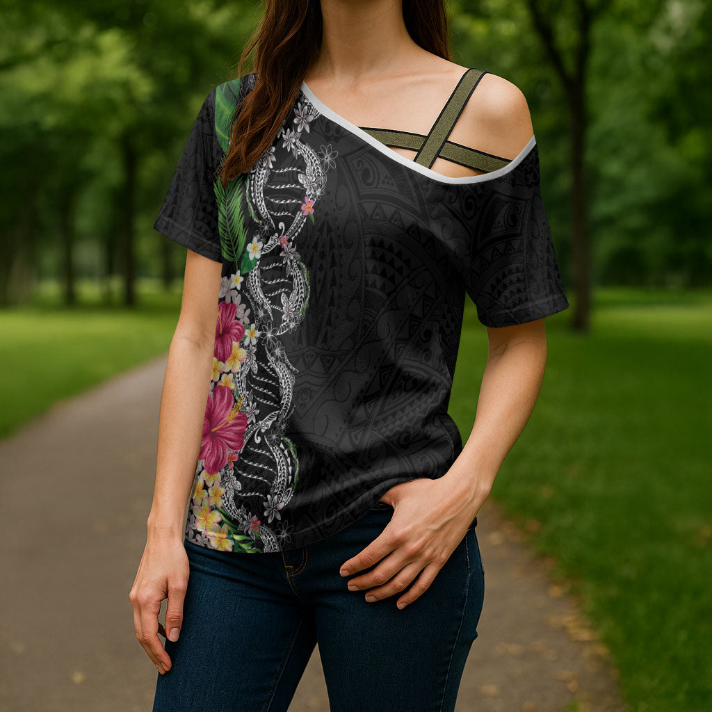 Hawaii DNA Kakau Tattoo Cross Shoulder Shirt with Plumeria and Hibiscus Tropical Plants Black Color
