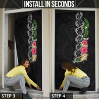 Hawaii DNA Kakau Tattoo Door Cover with Plumeria and Hibiscus Tropical Plants Black Color