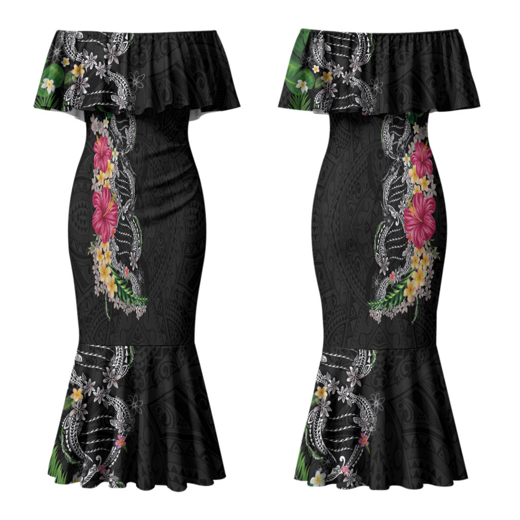 Hawaii DNA Kakau Tattoo Family Matching Mermaid Dress and Hawaiian Shirt with Plumeria and Hibiscus Tropical Plants Black Color