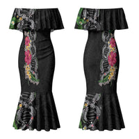 Hawaii DNA Kakau Tattoo Family Matching Mermaid Dress and Hawaiian Shirt with Plumeria and Hibiscus Tropical Plants Black Color