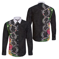 Hawaii DNA Kakau Tattoo Family Matching Mermaid Dress and Hawaiian Shirt with Plumeria and Hibiscus Tropical Plants Black Color