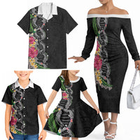 Hawaii DNA Kakau Tattoo Family Matching Off The Shoulder Long Sleeve Dress and Hawaiian Shirt with Plumeria and Hibiscus Tropical Plants Black Color