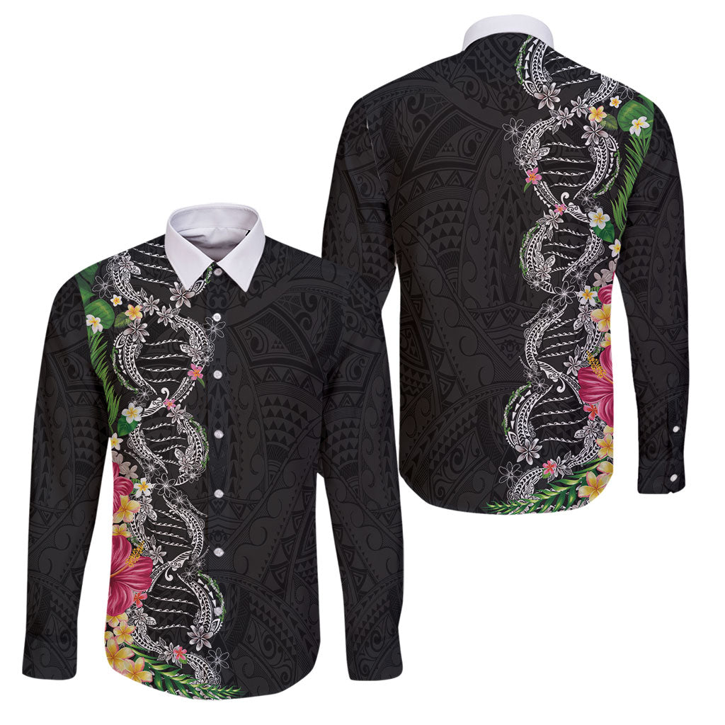 Hawaii DNA Kakau Tattoo Family Matching Off The Shoulder Long Sleeve Dress and Hawaiian Shirt with Plumeria and Hibiscus Tropical Plants Black Color