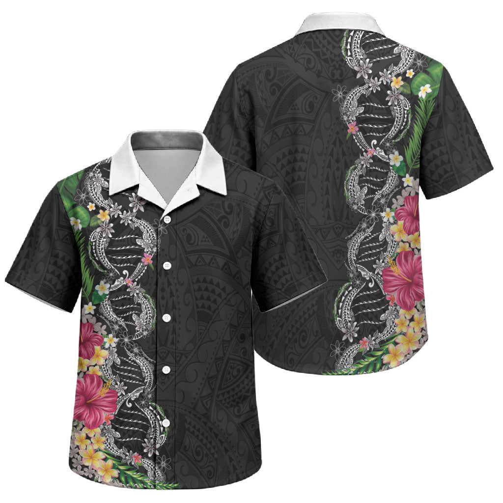 Hawaii DNA Kakau Tattoo Family Matching Off The Shoulder Long Sleeve Dress and Hawaiian Shirt with Plumeria and Hibiscus Tropical Plants Black Color