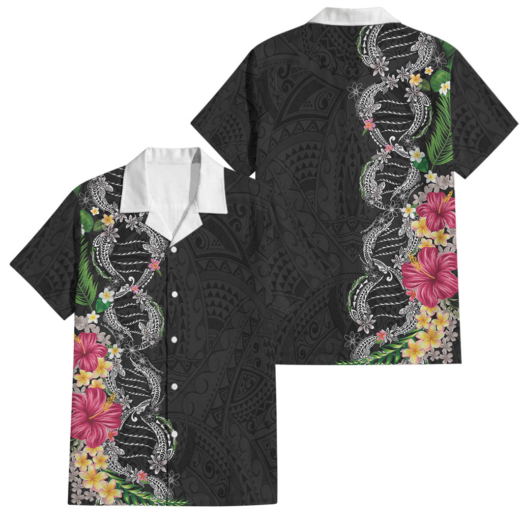 Hawaii DNA Kakau Tattoo Family Matching Off Shoulder Maxi Dress and Hawaiian Shirt with Plumeria and Hibiscus Tropical Plants Black Color