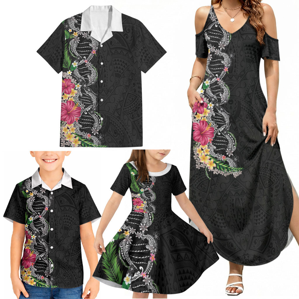 Hawaii DNA Kakau Tattoo Family Matching Summer Maxi Dress and Hawaiian Shirt with Plumeria and Hibiscus Tropical Plants Black Color