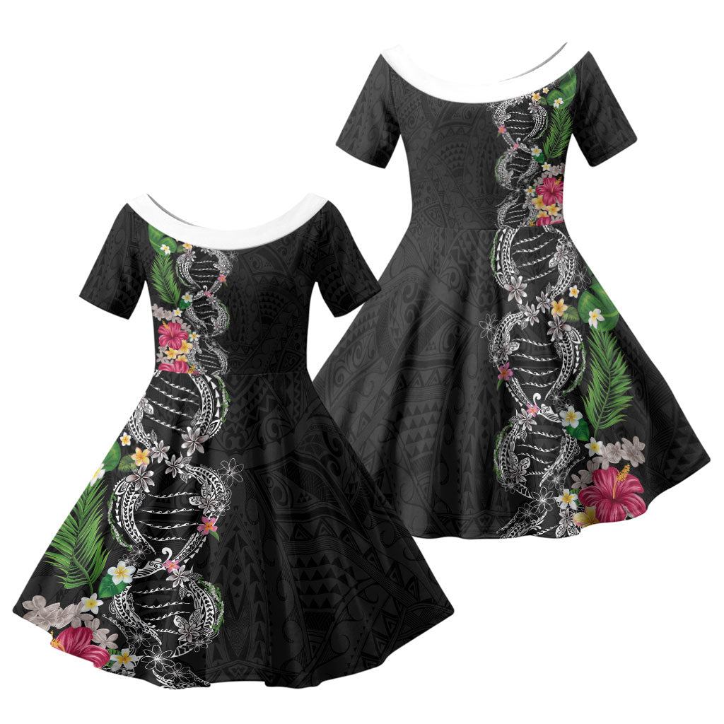 Hawaii DNA Kakau Tattoo Family Matching Summer Maxi Dress and Hawaiian Shirt with Plumeria and Hibiscus Tropical Plants Black Color