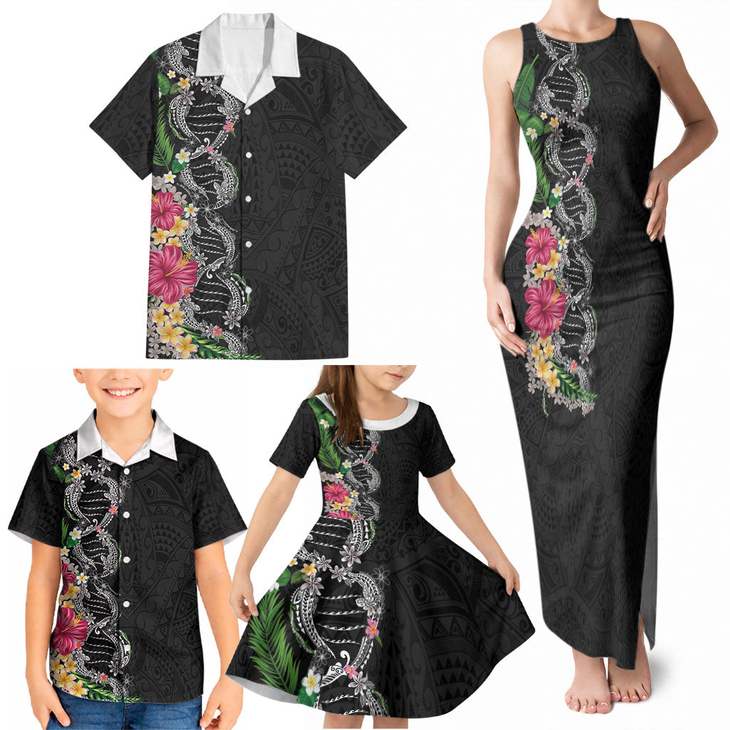 Hawaii DNA Kakau Tattoo Family Matching Tank Maxi Dress and Hawaiian Shirt with Plumeria and Hibiscus Tropical Plants Black Color