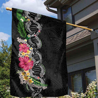 Hawaii DNA Kakau Tattoo Garden Flag with Plumeria and Hibiscus Tropical Plants Black Color