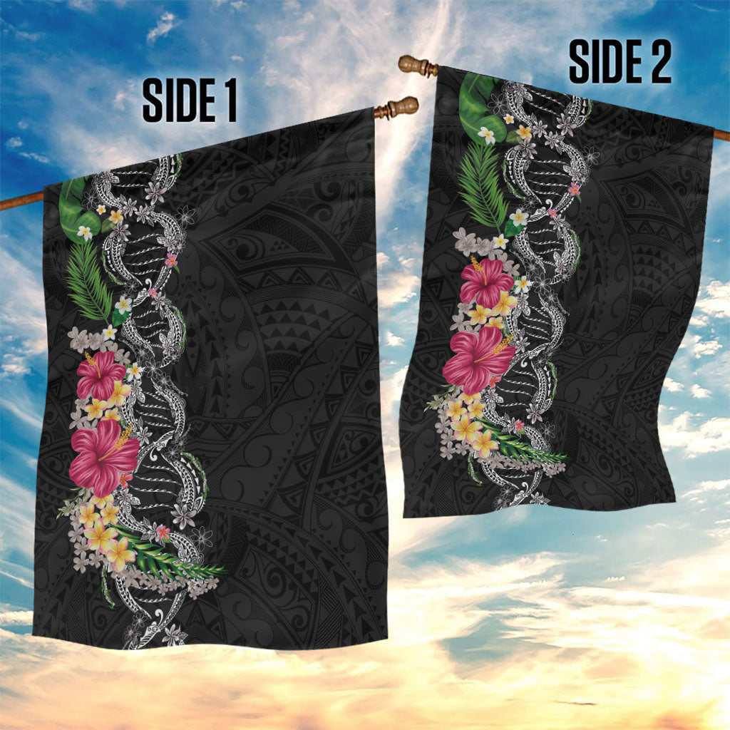 Hawaii DNA Kakau Tattoo Garden Flag with Plumeria and Hibiscus Tropical Plants Black Color