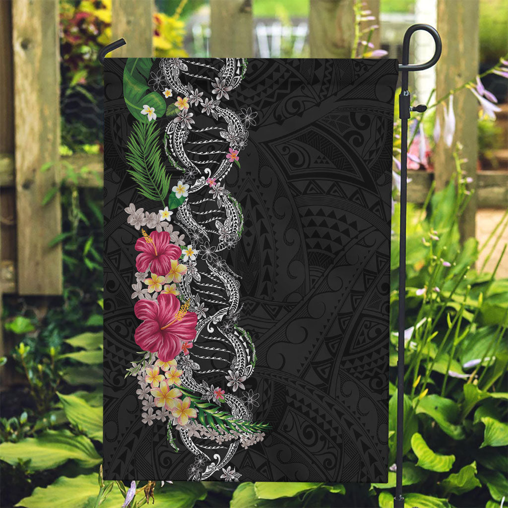 Hawaii DNA Kakau Tattoo Garden Flag with Plumeria and Hibiscus Tropical Plants Black Color